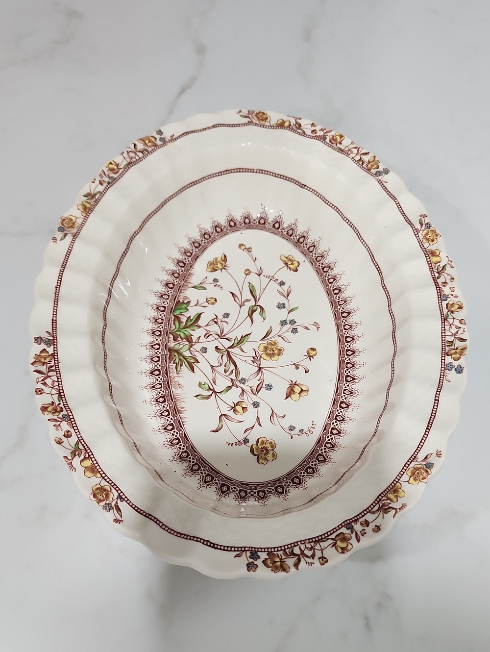 Spode Cream Ceramic Serving Bowl with Brown Floral and Gold Accents